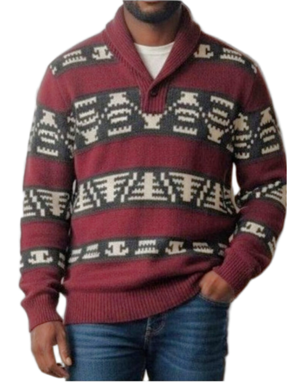 Men's American Eagle Aztec Tribal Shawl Neck Sweater - Maroon/Red L